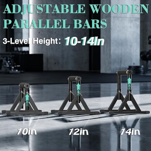 GanFindX Wooden Parallel Bars 12/10-14" 600LB Capacity for Home Gym | 600LB Wooden Parallettes with Non-Slip Base, Adjustable Bars for Dips, Push Ups, Handstands, L-Sits & Gym Training, Black - size: 10-14"