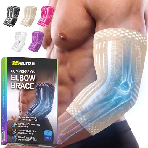 BLITZU Elbow Compression Sleeve for Tendonitis, Tennis Elbow Brace 2 Pack S | Targeted Arm Support, Joint Stability, Muscle Recovery, Workout Protection, Tendonitis & Arthritis Relief, All-Day Comfort - color: Nude, size: Small