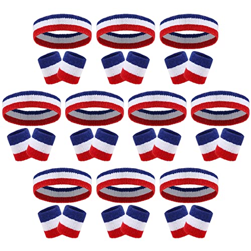 30 Pcs Sweatbands Wristbands Set Absorbent Terry Cloth Headbands Wristbands Neon Color Striped 80s Athletic Sweatbands for Sports Gym Exercise - color: Red White Blue Stripe