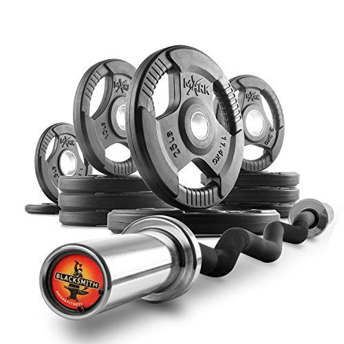 XMark Olympic Bar Curl Bar with Weights Offer, Olympic Weights Pair or Set of TRI-GRIP Olympic Weight Plates, Premium Quality, Rubber Coated XM-3377 with EZ Curl Bar, Black Manganese 28mm BLACKSMITH - color: 06) BAR and 115 lb Set
