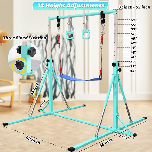 FC FUNCHEER Foldable Gymnastics Bar,5FT Horizontal bar,Adjustable Kids Training bar for Kids Ages 3-15,Kids Gymnastics bar,Triangle Stable Structure-Gym Equipment for Home - color: Teal, style: Bar-Swing-Rings