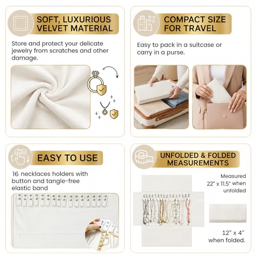 UnionPlus Velvet Travel Jewelry Roll Bag Organizer for Necklace, Elastic Band and Anti-winding, Beige - color: Beige, size: Medium
