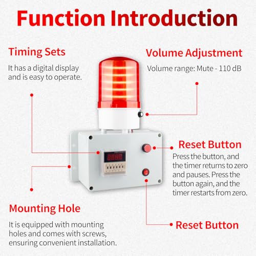 Cycle Timer Alarm with Flashing Light - 0-110dB Adjustable Siren, Automatic Repeat Timing for Industrial Safety, Facility Reminders, Workshops, Gyms, Kitchens, Laboratories (AC110V)