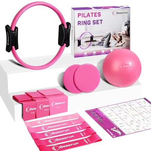 Goocrun Pilates Ring Set Exercise Equipment, with Exercise Resistance Bands Set, Pilates Ball, Sliding Disks. Portable Home Gym - with Fitness Guide Poster - color: Pink, size: Basic-level
