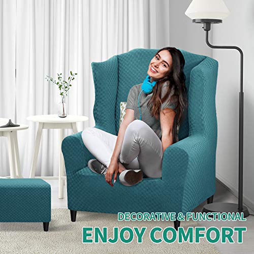 YEMYHOM 1 Piece Stretch Wingback Chair Slipcover Latest Jacquard Design Wing Chair Cover Non Slip Furniture Protector with Foam Rods for Living Room (Wing Chair, Peacock Blue) - color: Peacock Blue, size: 1 Pack - Wing Chair