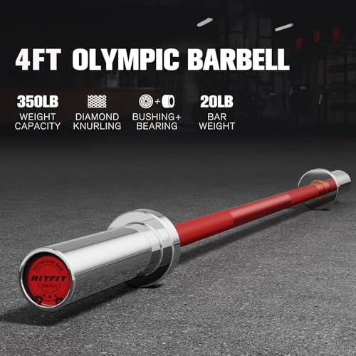 RITFIT Olympic Barbell 4ft/6ft - 2 Inch Weight Bar for Strength Training, Weightlifting, Squat, Deadlift, Bench Press, Curl, Overhead Press - 350lbs/500lbs Capacity - color: Silver/Red, size: 4FT without Collar