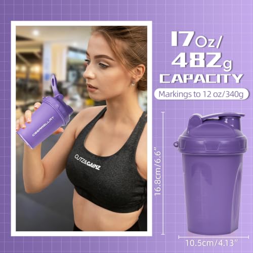 2 Pack Shaker Bottles for Protein Mixes, 17 oz Small Protein Shaker Bottle with Handle, Gym Shaker Cups with Blending Ball for Pre Workout, BPA-Free & Dishwasher Safe (Black, Purple) - color: Black,Purple