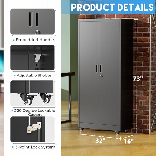 Greenvelly Metal Garage Storage Cabinet with 4 Swivel Wheels, 73" Black Storage Cabinet on Wheels, Rolling Tool Cabinet with Locking Doors and Shelves for Garage, Basement, Home, Warehouse - color: Black, size: 73 Inch