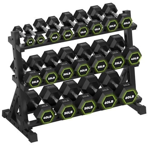 HANDBODE Dumbbell Set with 3-Tier Rack, 390-790 lb | Heavy Duty Weight Stand for Dumbbells, Space-Saving Metal Storage Organizer, Sturdy Dumbbell Holder for Home Gym - style: 580 lb Set (5-60 lb) *2 & Rack