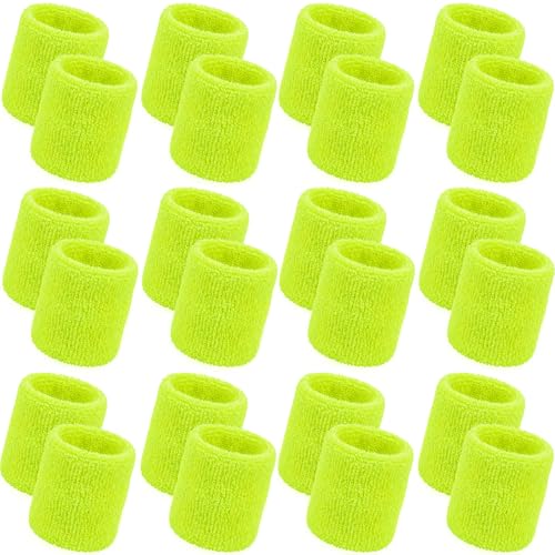 Bememo 24 Pcs Wrist Sweatbands Bulk Sports Wrist Bands for Men Women Breathable Athletic Tennis Wristbands Stretchy Absorbent Cotton Terry for Basketball, Baseball, Gym, Working Out - color: Neon Yellow
