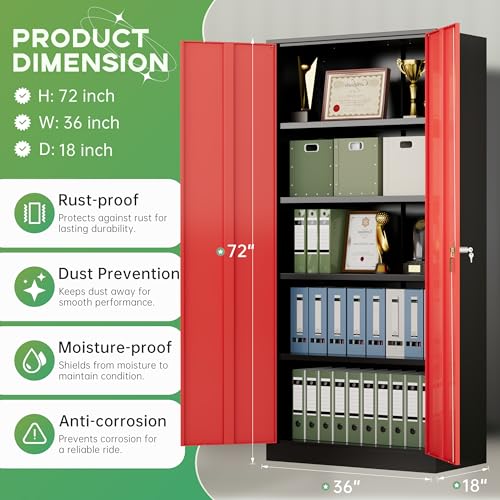 INTERGREAT Metal Storage Cabinet,72" Steel Lockable File Cabinet with Locking Doors and Adjustable Shelves,Locking Tool Cabinets for Office,Home,Garage,Gym,School (Black Red) - color: Black Red, size: MSC-D18