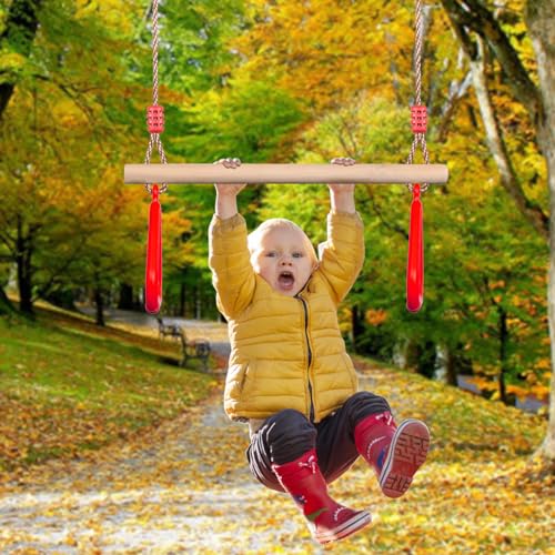PELLOR Playground Children's Wooden Trapeze Swing Bar with Plastic Gym Rings Swing Set for Indoor & Outdoor Fun - color: Red