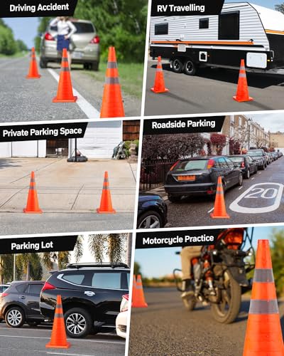 BATTIFE [6 Pack] 28 Inch Collapsible Traffic Safety Orange Cones, Multi Purpose Pop-up Cones and Reflective Collar, for Road Parking, Driving Practice - size: 28inch