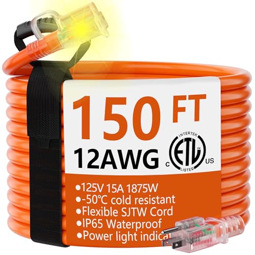 HUANCHAIN 12/3 Gauge 150 ft Outdoor Extension Cord Waterproof Heavy Duty with Lighted end, Flexible Cold-Resistant 3 Prong Electric Cord Outside, 15Amp 1875W 12AWG SJTW, Orange, ETL - color: Orange, size: 150FT