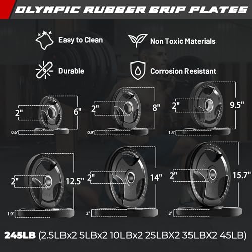 RitFit Barbell Weight Set - 4/6FT Olympic Barbell with Weight Plates (55-115LB Total) - Weightlifting Equipment for Squats, Curls, Deadlifts, Presses, Hip Thrusts - color: Black, size: 6FT With 245LB Plates