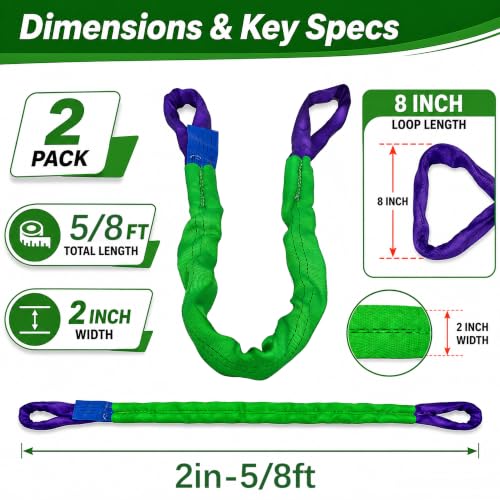 2" x 8' Lifting Sling Straps Polyester Web Slings 4400 Lbs Vertical, 3520 Lbs Choker, 8800 Lbs Basket 2-Pack (Green/Purple) - size: 2 Inch x 8 Feet(2-Pack)