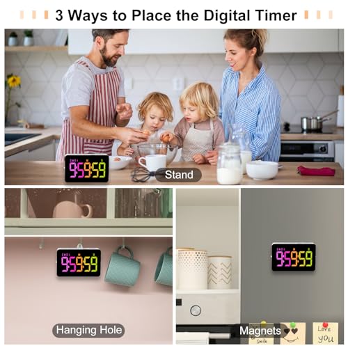 PERSUPER Kitchen Digital Timer, Count Down Up, Rechargeable, Vibration Mode Adjustable Volume and Brightness LED Display, Time Management Cook, Desk, Kids Adults Study Teaching, Kitchen Gadgets RGB - color: .Rgb