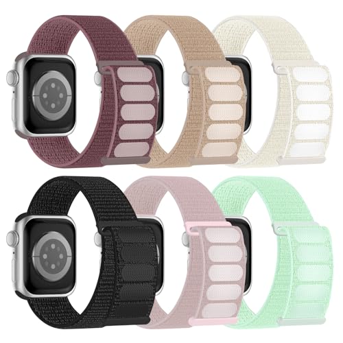 6 Pack Sport Nylon Loop Band Compatible with Apple Watch Band 38mm 40mm 41mm 42mm 44mm 45mm 46mm 49mm for Women Men, Adjustable Breathable Braided Straps for iWatch Series 11/10/9/8/7/6/5/4/3/SE/Ultra - color: Black/Smoke Violet/Rose Pink/Milk Tea/Mint Gr