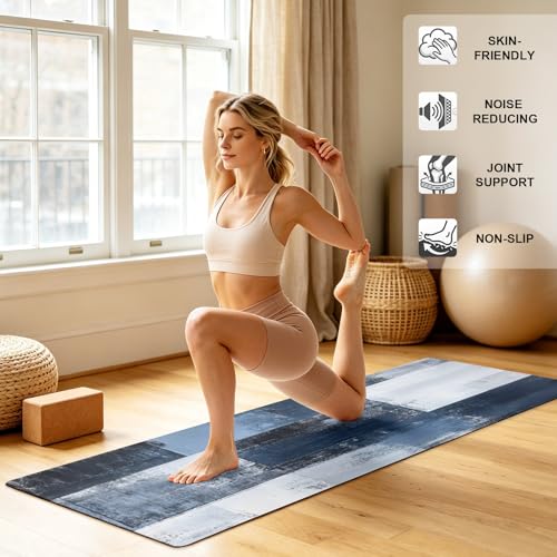 Navy Blue Grey White Yoga Mat Non Slip Abstract Art Modern Oil Painting Exercise Mat with Carrying Strap, Large Yoga Mats for Women, Workout Mats for Pilates, Stretching & Fitness - color: Navy Blue White, size: 68"L x 24"W