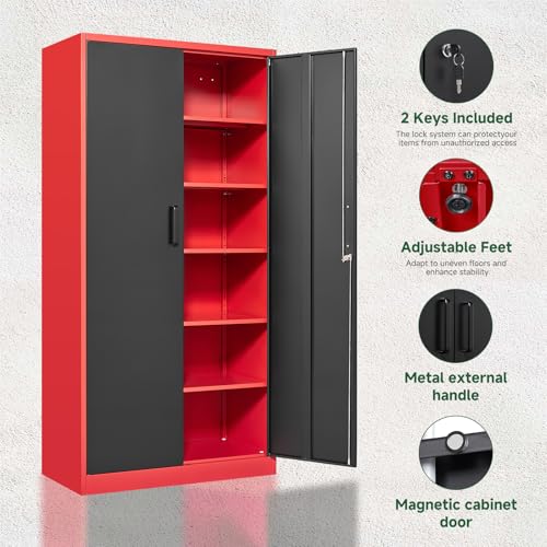 Letaya Metal Garage Storage Cabinets with Lock, 72" Tall Locker Organizer Steel Tool Cabinets,5 Adjustable Shelves 2 Doors for Home Office, Warehouse,Garage,Industrial,Employee (Black Red) - color: Black Red, size: 72 X 36 X 18 In(H X W X D)