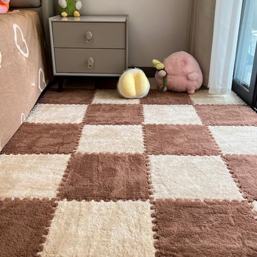12Pcs Plush Foam Floor Mat,Plush Interlocking Carpet Tiles,Anti-Slip Square Puzzle Floor Mat,EVA Foam Area Rugs for Bedroom Playroom (Coffee + Beige) - color: Coffee + Beige