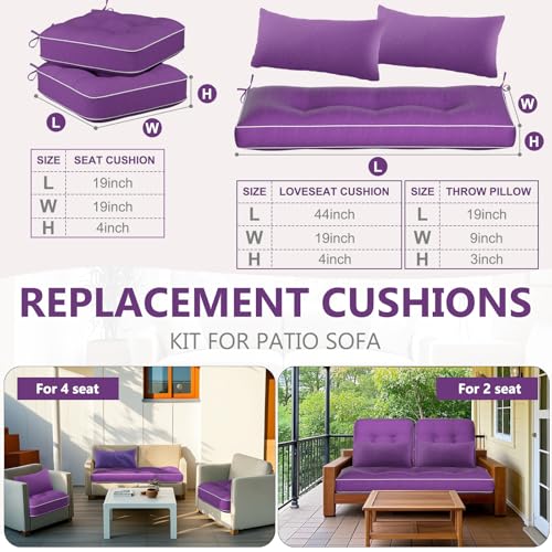 Chunful Set of 5 Outdoor Bench Cushions Set 44 x 19 Inch Tufted Waterproof Patio Furniture Seat Pad with Throw Pillows Loveseat Cushion for Square Settee Indoor Sofa Wicker Couch (Purple) - color: Purple