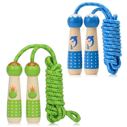 EGOSKY Jump Rope Kids, 7.2ft Children Adjustable Cotton Skipping Rope with Wooden Handle for Boys Girls Fitness Outdoor Activity - color: Green+Blue