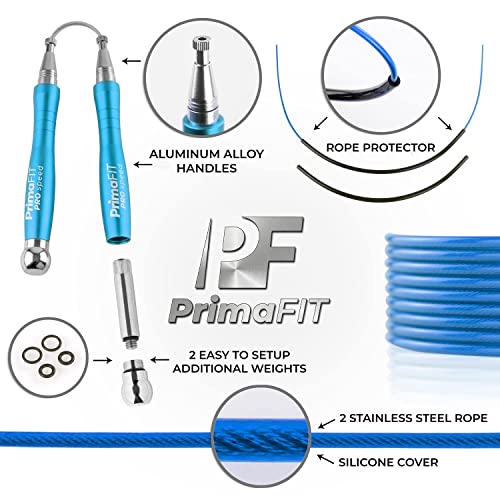 PrimaFIT Pro Speed Jump Rope for Adults, Weighted Skipping Rope for Boxing | Adjustable Jumping Rope for Fitness Workout & CrossFit Exercise, Double Unders, Handle Weights, 3m Cables 2 Protectors, Bag - color: Light Blue