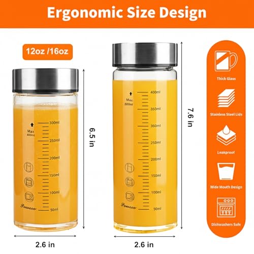 Glass Juice Bottles 4 Pack 12 oz - Wide Mouth Glass Water Bottles with Lids - for Juicing, Protein, Smoothie, Milk, Reusable, BPA Free, Stainless Steel Lids, Blender, Shaker Bottle (12oz/400ml) - color: 4-Pack (ml), size: 12oz/400ml