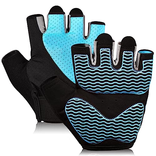 sunnex Workout Gloves for Women - Breathable Weight Lifting Gloves with Non-Slip Silicone Padding, Fingerless Gym Gloves for Cycling, Rowing, Pull Ups & Training (4 Sizes) - color: JS-BLUE, size: Large