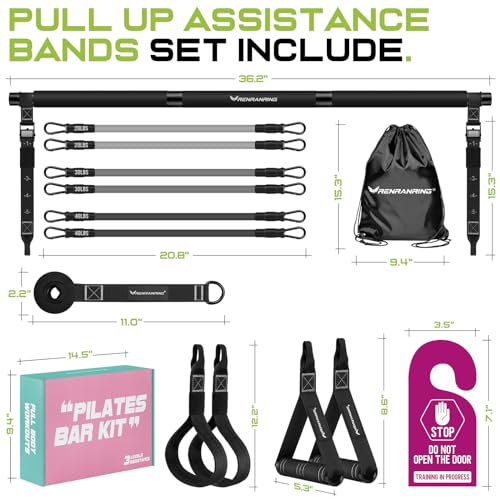 Pilates Bar Kit with 6 Latex Resistance Bands, Adjustable Exercise Bar - color: Black
