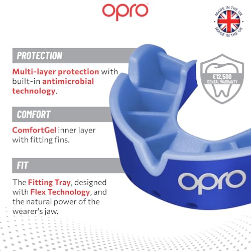 OPRO Silver Level Moldable Mouth Guard Essential Fit (Dark Blue/Blue) Kids Youth Boxing Mouthguard for MMA & Impact Sports, Easy Self-Fit Mouth Guard for Sports, Football, Hockey - Includes Case - color: Dark Blue/Blue, size: Youth (Under 10)