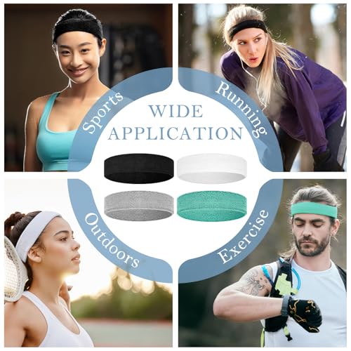 4 Pack Cotton Terry Sweat Headbands for Men Women Running Gym | 4 pack soft cotton terry headbands, Stretch 7 to 15 inches, Sweat-wicking, stays put for running, tennis, basketball & yoga - color: Black/Gray/Sky Blue/White