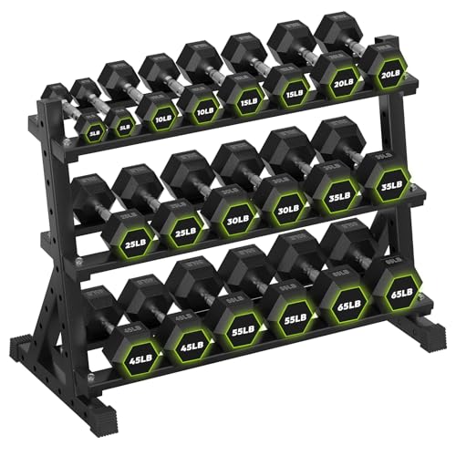 HANDBODE Dumbbell Set with 3-Tier Rack, 390-790 lb | Heavy Duty Weight Stand for Dumbbells, Space-Saving Metal Storage Organizer, Sturdy Dumbbell Holder for Home Gym - style: 610 lb Set (5-65 lb) *2 & Rack