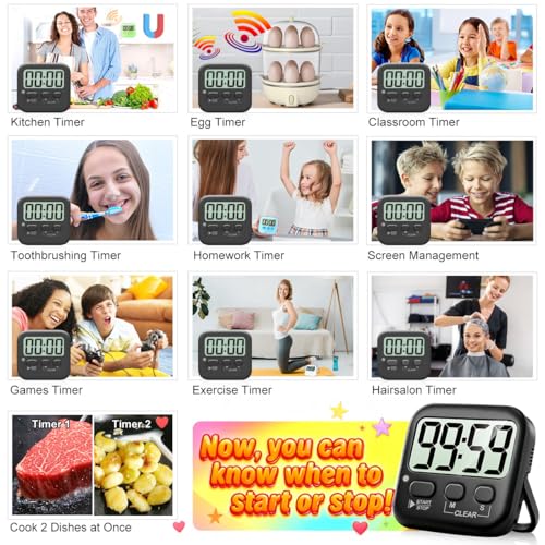 Antonki 2 Pack Digital Timer for Kids, Magnetic Countdown Kitchen Timers for Cooking, Egg, Classroom, Teacher, Exercise, Study, Oven - Battery Included - color: Rich Black *2