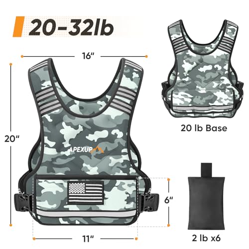 APEXUP Adjustable Weighted Vest, 4-10lb/12-18lb/20-32lb Vest with 6 Ironsand Weights and Large Pocket, Weight Vest for Men Women Strength Training, Running, Walking - color: Grey Camo, size: 20-32lbs