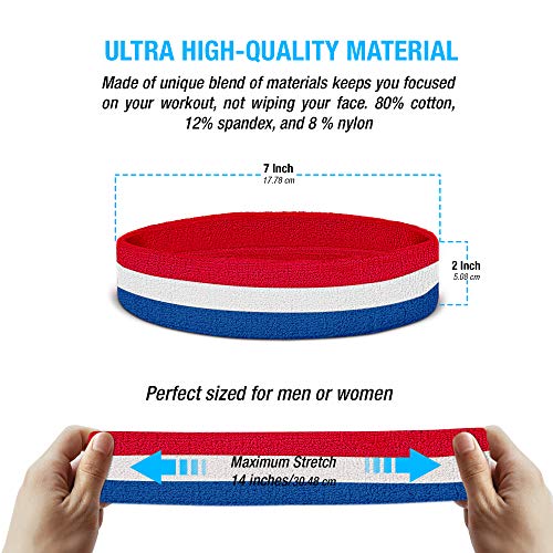 Suddora Striped Sweatband Set, Moisture Wicking 2 Wristbands and 1 Headband, Breathable Athletic Sweat Bands for Sports, Costumes & Cosplay, Matching Bands to Wear with Jersey - color: Red White and Blue