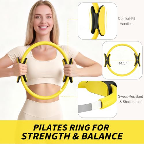 NANATI Pilates Kit, Home Pilates Workout Kit for Women, Pilates Equipment with 14.5" Pilates Ring and Ball, Resistance Bands, Ankle Weights, Sliders & Grip Socks for Home Workouts - color: Lemon Yellow