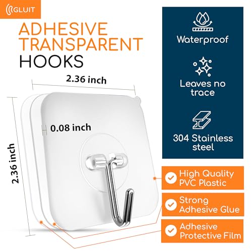 GLUIT Adhesive Wall Hooks for Hanging Heavy Duty 22 lbs Hooks for Walls No Drill, Towel Sticky Clear Hook, Waterproof, Home, Bathroom, Kitchen, Office, and Outdoor 6 Pack - size: Medium, 6 pcs