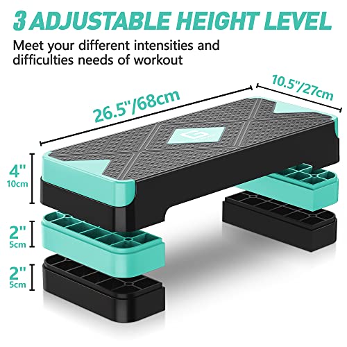 GYMMAGE Aerobic Exercise Step, Adjustable Height, | Aerobic Workout Step Platform for Exercise, 26.5" Step Deck with Adjustable Height, Women Home Gym Cardio Fitness - color: Turquoise