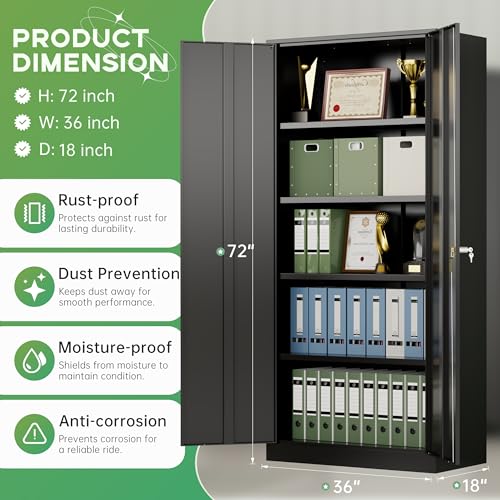 INTERGREAT 72-Inch Metal Storage Cabinet for Garage, Lockable Steel Cabinet with Doors and Adjustable Shelves, Black Locking Storage Unit for Office, Home, Gym, and School. - color: Black, size: MSC-D18