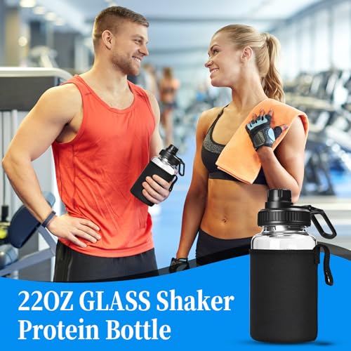Glass Shaker Bottle, 2 Pack 22oz BPA-Free Odorless Shaker Bottle with 304 Stainless Steel Ball and Removable Cleaning Brush for Fitness Protein Mixes