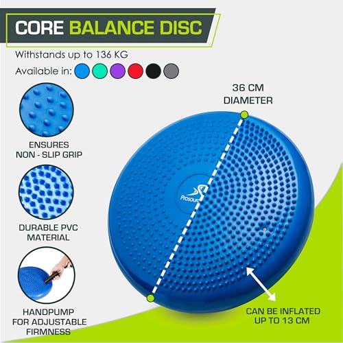 ProsourceFit Core Balance Disc Trainer, 14” Diameter with Pump for Improving Posture, Fitness, Stability - color: Blue