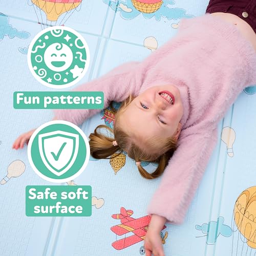 Nuby Reversible Baby Floor Mat - Foldable and Lightweight Foam Infant Play Mat - 77" x 58" - Easy Storage and Travel - Hot Air Balloons/Stripes - style: Hot Air Balloons