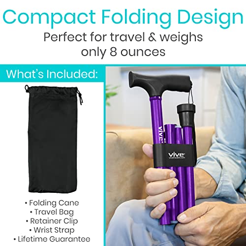 Vive Folding Cane - Foldable Walking Cane for Men, Women - Fold-up, Collapsible, Lightweight, Adjustable, Portable Hand Walking Stick - Balancing Mobility Aid - Sleek, Comfortable T Handles (Purple) - color: Purple