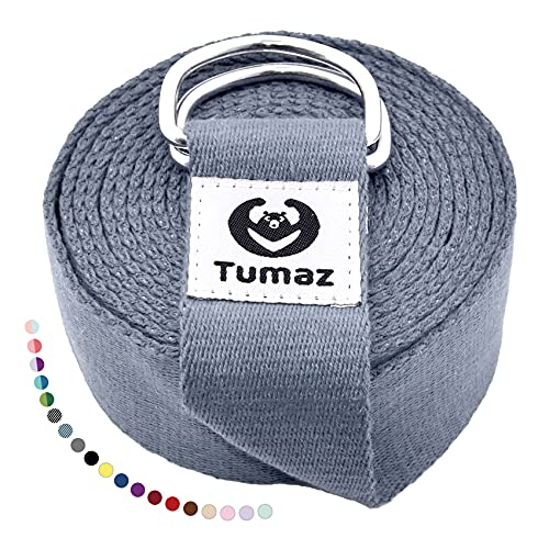 Tumaz Yoga Strap for Stretching with Adjustable D-Ring, 6/8/10 ft | Adjustable D-Ring | Soft Cotton Blend | 15+ Colors | Non-Elastic Yoga Belt for Pilates Stretching & Physical Therapy - color: 12. Gray, size: 8 Feet (with Storage Band)