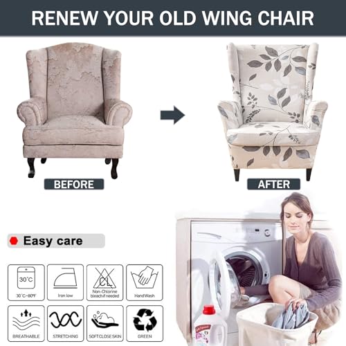 NILUOH Wingback Chair Slipcover 2 Pieces, Stretch Spandex Wingback Chair Covers Washable Slipcover for Wingback Armchairs Non-Slip Furniture Protector with Elastic Bottom for Living Room - color: Flowers