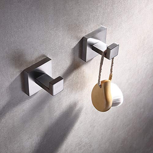 TASTOS Bath Towel Hooks Brushed Nickel, 2 Pack Stainless Steel Robe Coat and Clothes Hook, Heavy Duty Wall Hook for Bathroom & Kitchen, Modern Square Style Wall Mounted (Silver) - color: Brushed Nickel, size: Square (2 Pack)