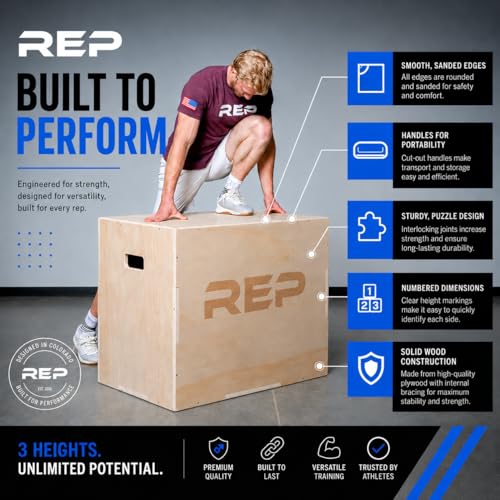 Rep Plyometric Wood Jump Box | CrossFit & Strength Training | 12 to 30" Range of Wooden Step Platforms | Gym & Sports Workouts | Fitness, Exercise, Physical Therapy Equipment | Pro Conditioning Tool - size: Small, 16" x 14" x 12"