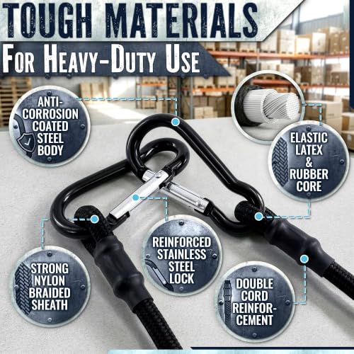 Bungee Cords with Carabiner Hooks Heavy Duty, 24", 200 Lbs Load, 4 Pcs | Elastic Tie Down Straps, Rubber & Latex, Anti-Rust Steel Hooks, 2X Stretch, Waterproof, UV Resistant; Camping, Tarps & Car - size: 24 Inch (Pack of 4)